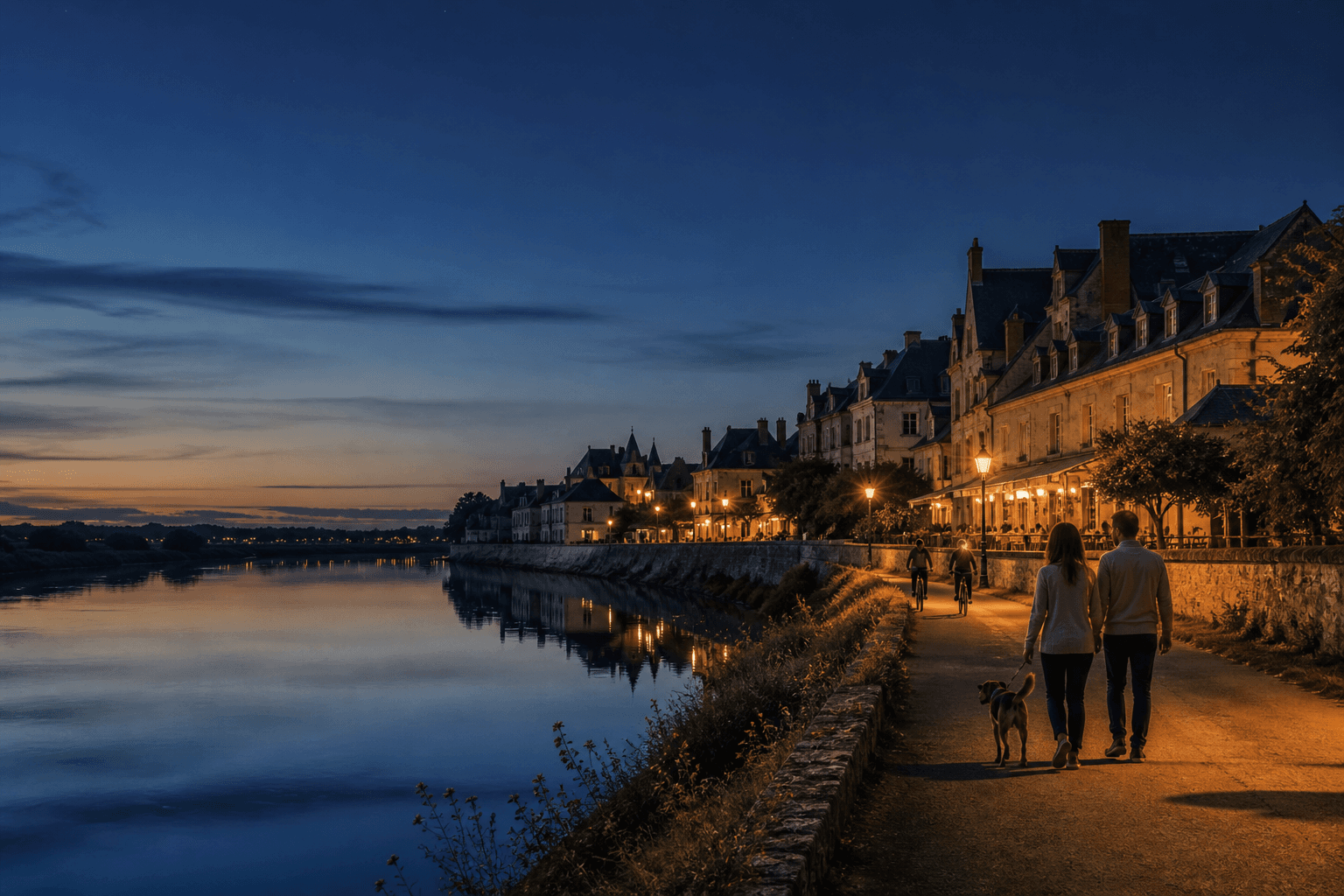Promenade au bord de la Loire au crépuscule, avec vélo, chien et patrimoine